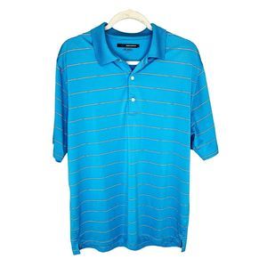 Greg Norman Play Dry Golf Shirt - Size L Large - Light Blue White Stripes Polo